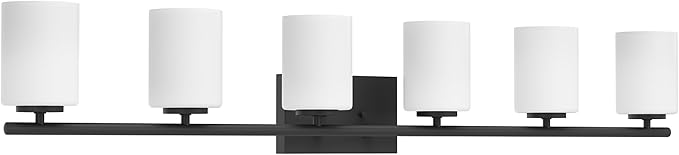 Progress Lighting Replay Collection 48 in. 6-Light Textured Black Etched White Glass Modern Bath Vanity Light