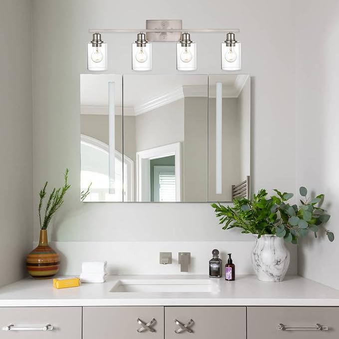 VINLUZ Industrial Brushed Nickel Wall Sconce with Clear Glass Shade and Metal Base,4 Light Bathroom Vanity Lighting Fixture Over Mirror for Dressing Table