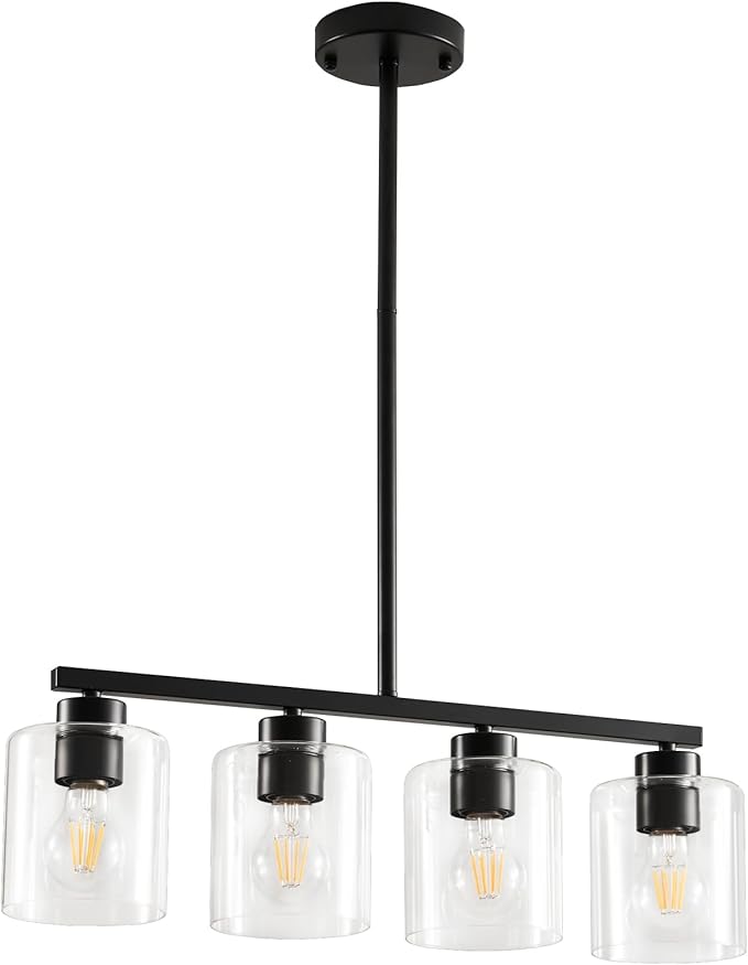 4-Light Kitchen Island Lighting, Black Pendant Light Fixture, Farmhouse Dining Room Light Fixtures Over Table, Modern Hanging Light Fixtures with Clear Glass, E26 Base, Bulbs Not Included