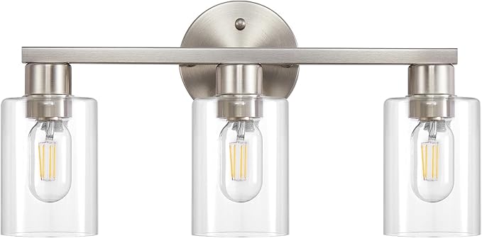 Brushed Nickel Bathroom Light Fixture 3-Light Bathroom Vanity Light Brushed Nickel 3 Light Vanity Lights for Bathrrom with Clear Glass Shades for Living Room Bedroom(E26 Socket)
