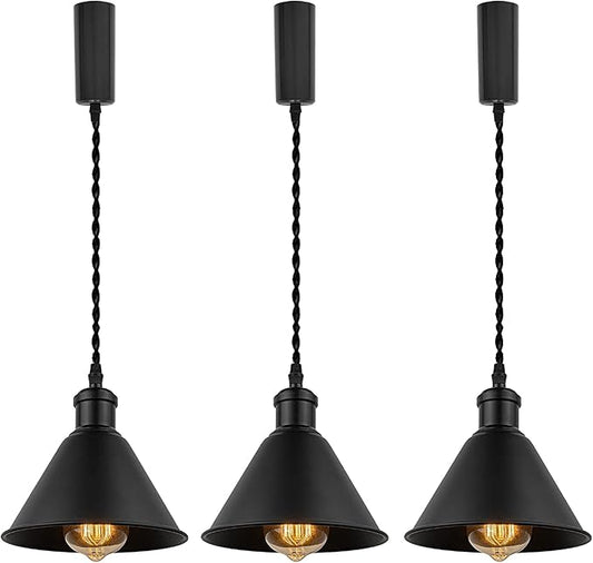 Set of Three Adjusted Wire Length H-Type Track Hanging Light 3.9 Ft Twisted Cord E26 Base Industrial Design Black Metal Pendant Light Fixture for Loft Aisle Bar(No Bulb & Track)