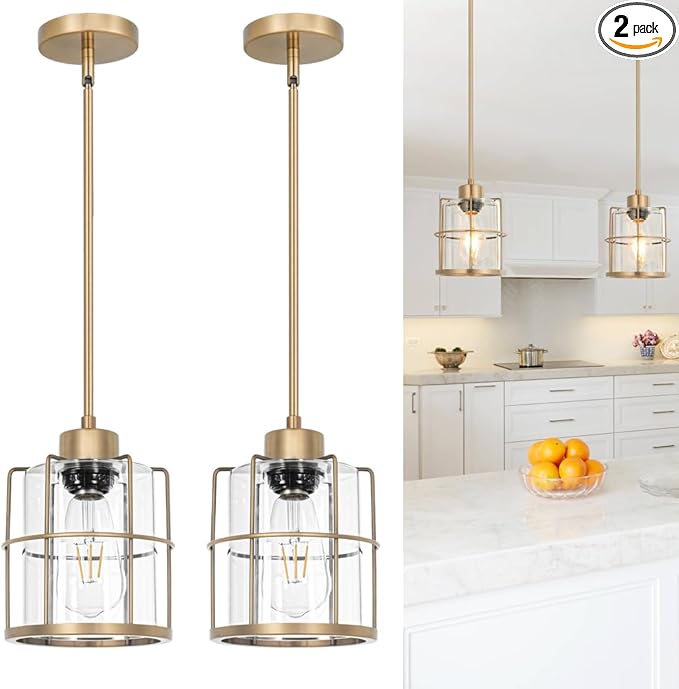 Modern Brass Pendant Light Kitchen Island Set of 2, Farmhouse Gold Pendant Light with Clear Cylinder Glass, Adjustable Rod Bathroom Pandand Light over Sink, Small Hanging Lighting for Home Decor, E26