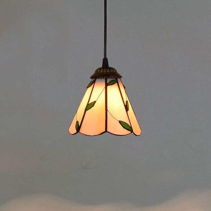 Tiffany Style Pendant Lamp 6 Inch Vintage Mini Stained Glass Green Leaves Shade E27 35 Inch High Pendant Light for Bedroom Living Room 110V-240V