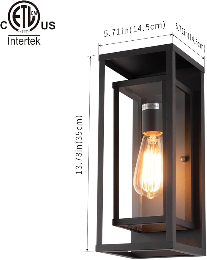 mirrea 14" Classic Outdoor Wall Sconce 1 Light in Matte Black Rectangular Metal Frame and Clear Glass Shade Waterproof Porch Light Patio Light