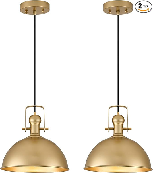 12 Inch Gold Farmhouse Pendant Lights Matte Pendant Lights for Kitchen Island Industrial Adjustable Height Vintage Dome Hanging Light Fixtures for Barn, Dining Room 2 Packs