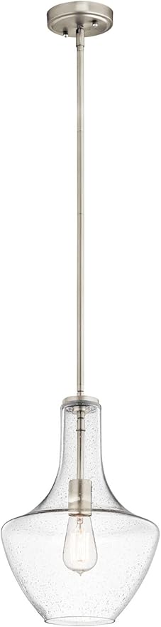 Kichler Everly 15.25" Kitchen Bell Pendant in Brushed Nickel, 1-Light Clear Seeded Glass Pendant Light, (15.25" H x 10.5" W), 42141NICS