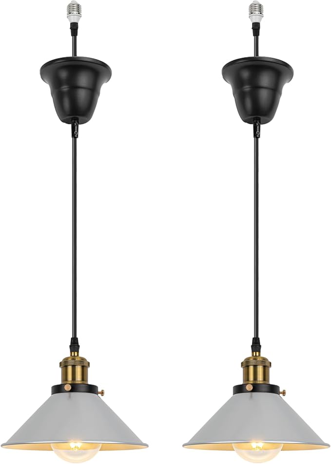 2 Pcs Ceiling Lights Conversion Pendant E26 Base Connections Adjusted Wire Length Cone Metal Silver Lampshade Industrial Style Conversion Kit for E26 Ceiling Lamp Fixtures