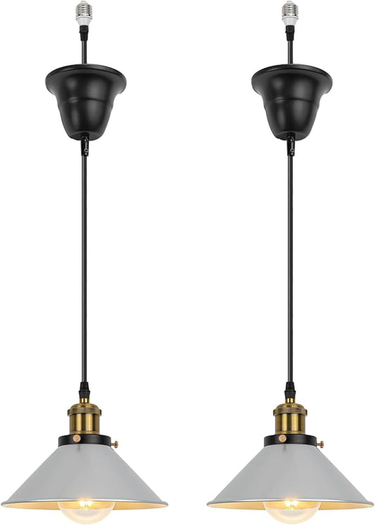 2 Pcs Ceiling Lights Conversion Pendant E26 Base Connections Adjusted Wire Length Cone Metal Silver Lampshade Industrial Style Conversion Kit for E26 Ceiling Lamp Fixtures