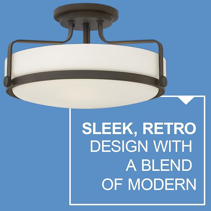 Hinkley Harper 3643OZ Large Semi-Flush Ceiling Light, Sleek, Retro Style, Oil Rubbed Bronze and Etched Opal Glass