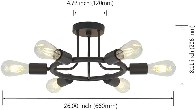 6 Lights Sputnik Chandelier Light Fixtures Modern Chandelier Lighting Black Semi Flush Mount Ceiling Light Industrial Starburst Style Ceiling Lamp for Kitchen Dining Room Foyer Hallway by BONLICHT