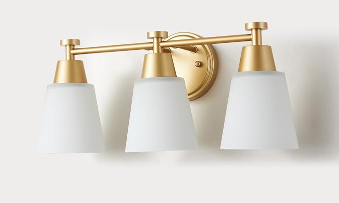 Milk Glass Bathroom Vanity Light Over Mirror, 3 Light Brushed Gold Stainless Steel Wall Mount Modern Vanity Light Fixture with Frosted Glass for Bathroom