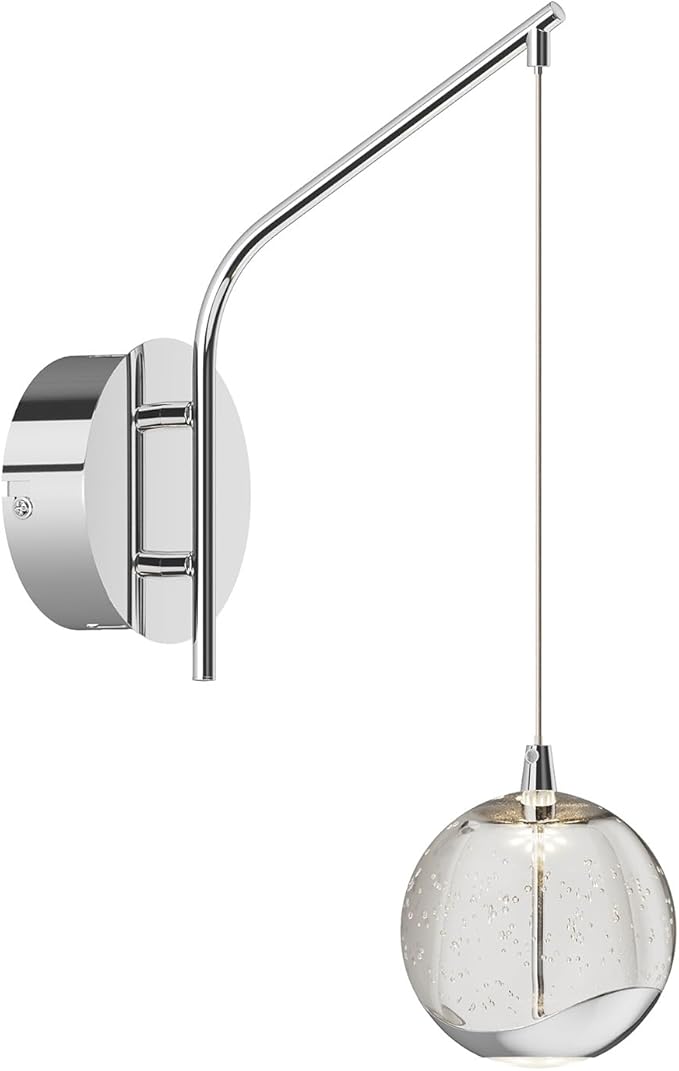 13" Chrome Hanging Wall Sconce Vintage, Integrated LED Bubble Glass Globe, Modern Art Deco Hanging Wall Light for Bedroom, Living Room and Bathroom, Silver, 3000K Warm White, Hardwired