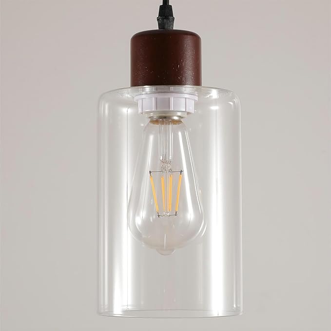 Modern Wood Pendant Lighting for Kitchen Island, Farmhouse Pendant Light Fixtures 2 Pack, Adjustable Hanging Ceiling Light with Clear Glass Shade