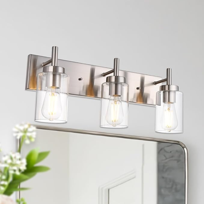VINLUZ Vanity Bathroom Light Fixture Brushed Nickel 3 Lights Modern Wall Sconce Lighting with Clear Glass Shade Vintage Rustic Porch Wall Lamp Bedroom(Patent No.: US D958,438 S)