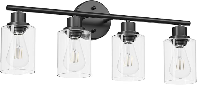 4-Light Black Bathroom Light Fixtures, E26 Modern Vanity Lights for Bathroom with Clear Glass Shade, Wall Lamps for Mirror Hallway Kitchen Cabinet Living Room Sconces Lights