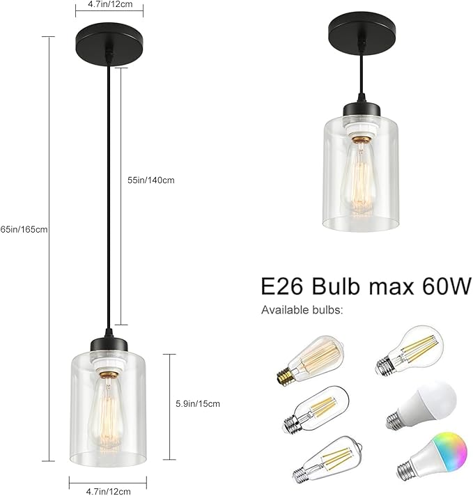 Modern Black Farmhouse Pendant Light with Glass Shade,Industrial Pendant Lighting, Adjustable Hanging Light Fixtures, Farmhouse Pendant Lighting