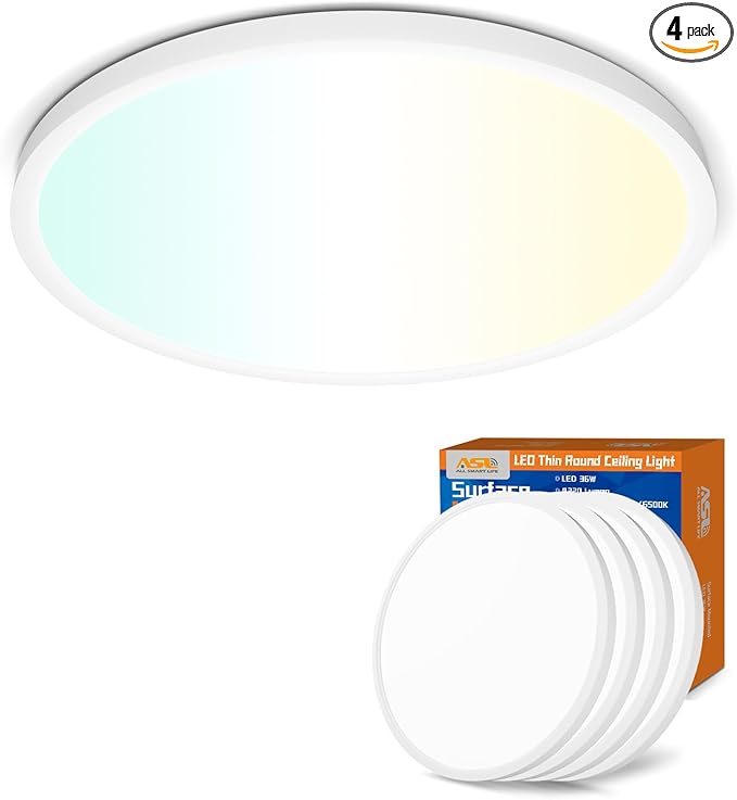 Allsmartlife LED Flush Mount Ceiling Light 4-Pack, 18 inch Thin Round Flat Panel Light 36W 4650lm, 3000K/4000K/6500K Dimmable, White Light Fixtures Ceiling Mount for Kitchen, Bedroom