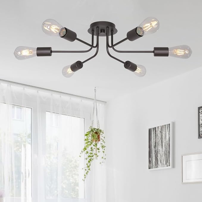 6 Light Sputnik Chandelier Oil Rubbed Bronze Ceiling Light Semi Flush Mount Light Ceiling for Kitchen Dining Room Living Room Foyer