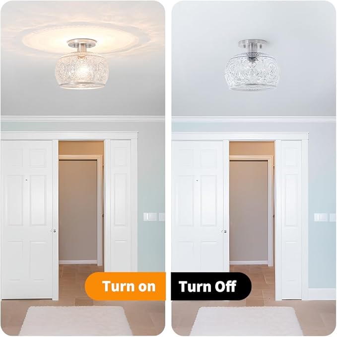 Brushed Nickel Semi Flush Mount Ceiling Light, Vintage Hallway Ceiling Light Fixture with Globe Glass, Small Overhead Light Fixtures Ceiling Mount for Kitchen, Bathroom, Small Bedroom