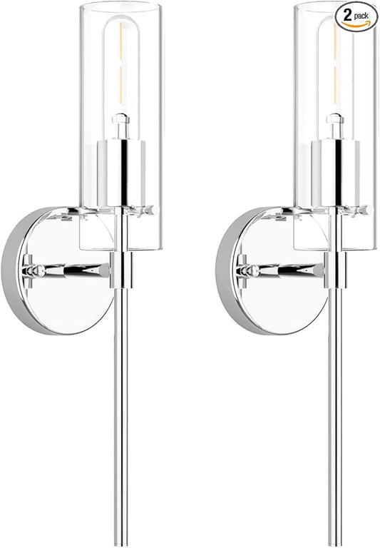 Wall Sconce Set of 2 Chrome Wall Light, Farmhouse Vanity Light Fixture Modern Indoor Wall Light with Clear Glass Shade for Bathroom Bedroom Living Room Hallway Vanity