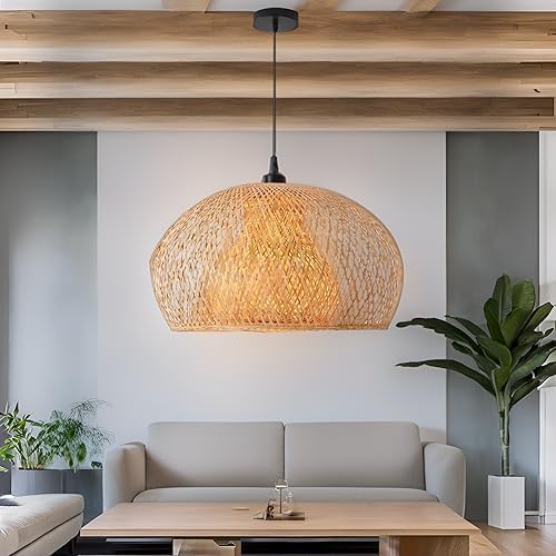 23.6" Bamboo Pendant Light Hand-Woven Rattan Hanging Lamp Boho Bamboo Chandelier for Dining Living Bedroom Kitchen Farmhouse