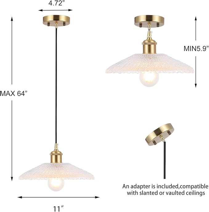 Modern Large Pendant Light 11 Inches Water Ripple Clear Glass Shades Brushed Brass Gold Hanging Lamp Farmhouse Adjustable Ceiling Hanging Lights Kitchen Island Dining Room Bedroom