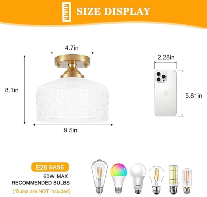 Artistic Gold Handcrafted Semi Flush Mount Ceiling Light - 12 Inch Vintage White Glass Shade with Etched Patterns, Easy Install Small Ceiling Light Fixture for Hallway, Kitchen, Bedroom