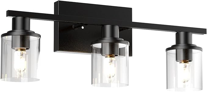 Lightdot Modern Bathroom Light Fixtures, 3 Light Vanity Lights, Black Wall Lamp with Clear Glass for Bathroom, Mirror, Living Room, Bedroom, Hallway, E26 Base-Black