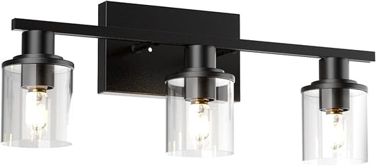 Lightdot Modern Bathroom Light Fixtures, 3 Light Vanity Lights, Black Wall Lamp with Clear Glass for Bathroom, Mirror, Living Room, Bedroom, Hallway, E26 Base-Black