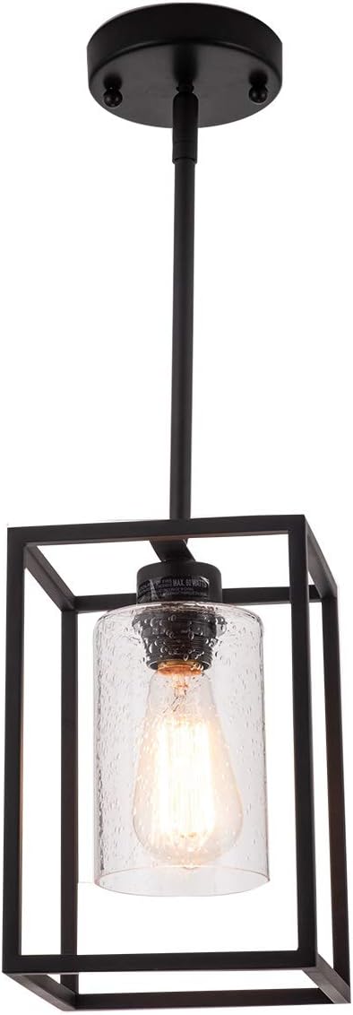 VILUXY Black Pendant Lights Kitchen Island Farmhouse Seeded Glass 1-Light Dining Room Pendant Lamp Fixtures Metal Cage Hanging Lights for Over Sink