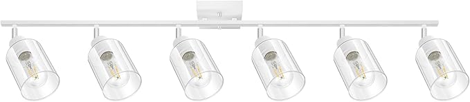 BoostArea White LED 6 Light Track Lighting Kit, 6 Way Ceiling Spot Lighting with Glass Lampshade, Flexibly Rotatable Light Head for Kitchen, Living Room, Bedroom, Bulb Not Included