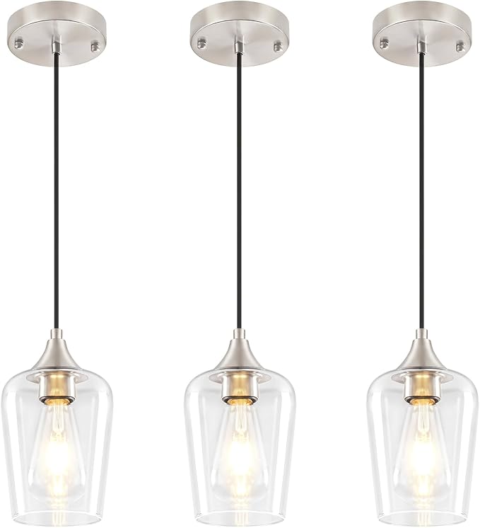 3 Pack Brushed Nickel Pendant Lights Kitchen Island, Modern Glass Pendant Lighting Over Island, Kitchen Hanging Light Fixtures Over Sink Adjustable Mini Pendant Lights for Bathroom Dining Room Hallway