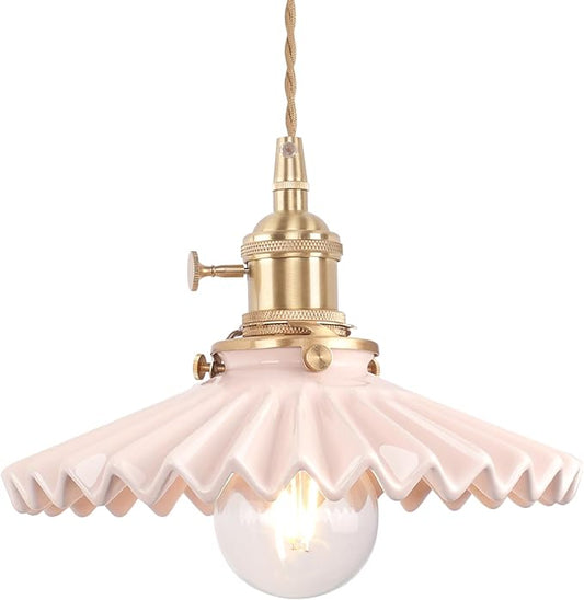 Shenmoyl Pendant Light with Pink Pleated Ceramic Lmapshade, Brass Vintage Pendant Light Adjustable Hanging Light for Kitchen Island Dining Room Hallway