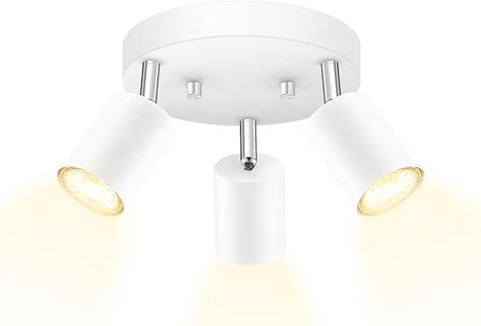 LED 3 Light Track Lighting Kit, LED Track Lighting Fixtures, White Round Ceiling Spot Lighting, Flexibly Rotatable Light Head for Kitchen, Living Room, Bedroom, GU10 Bulb Not Included