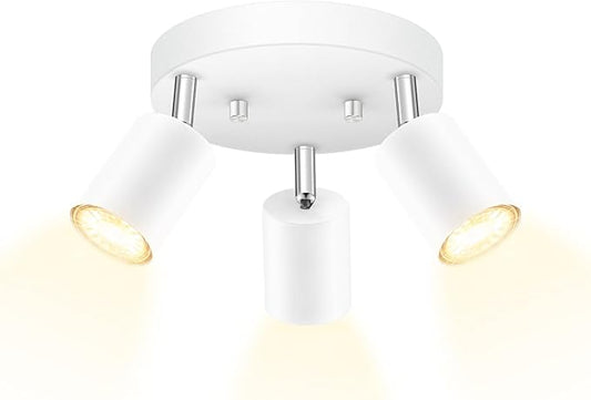 LED 3 Light Track Lighting Kit, LED Track Lighting Fixtures, White Round Ceiling Spot Lighting, Flexibly Rotatable Light Head for Kitchen, Living Room, Bedroom, GU10 Bulb Not Included