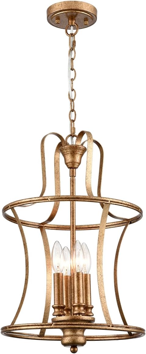 Modern Lantern Pendant Light 4-Light Lantern Chandelier Lighting, Rusty Gold Pendant Lights Kitchen Island Hanging Light Fixtures for Dining Room Hallway Living Room