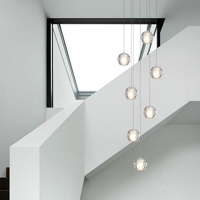 Cluster Pendant Light, Modern 7 Lights Chrome Crystal Chandelier, Bubble Raindrop Pendant Lighting 59" Long Light Fixture for Foyer Entryway Staircase