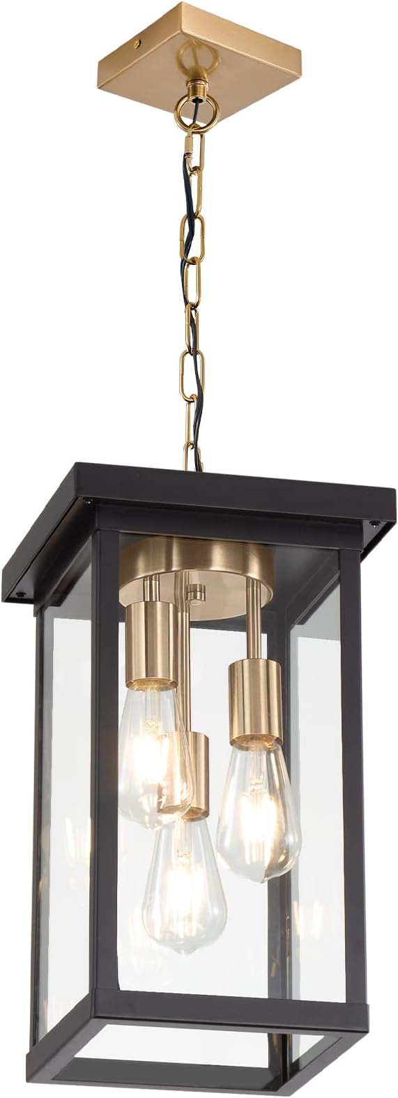 LOUSACE 16.1'' Large Outdoor Pendant Light Fixtures 3-Lights Brushed Brass & Black Outdoor Chandelier Exterior Hanging Porch Light Fixtures, Outside Pendant Porch Light Lantern for Entrace Balcony