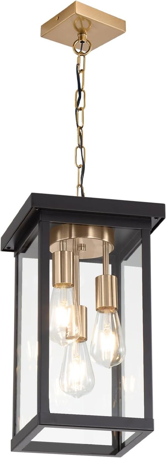 LOUSACE 16.1'' Large Outdoor Pendant Light Fixtures 3-Lights Brushed Brass & Black Outdoor Chandelier Exterior Hanging Porch Light Fixtures, Outside Pendant Porch Light Lantern for Entrace Balcony