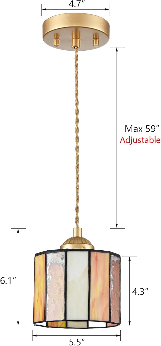 Tiffany Style Pendant Light Hanging Lamp 5.5-Inch Stained Glass Pendant Light Fixture Vintage Cylinder Tiffany Pendant Lighting for Kitchen Island Hallway Dining Room Office Home