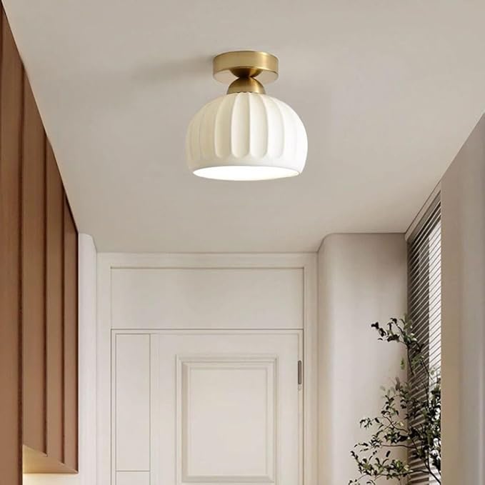 KISAD Modern Minimalist Semi-Flush Mount Ceiling Light Nordic Stripe Ceramics Small Ceiling Lamp Indoor Home Decor Fixture for Hallway Entryway Balcony Closet(Gold)