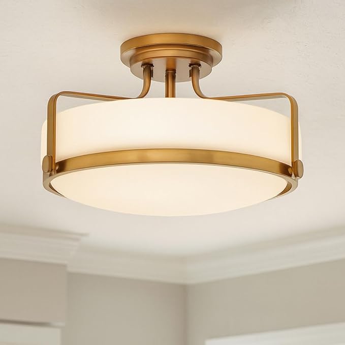 Hinkley Harper Medium Semi-Flush Mount Ceiling Light, Sleek, Retro Style, Etched Opal Glass, Heritage Brass Finish