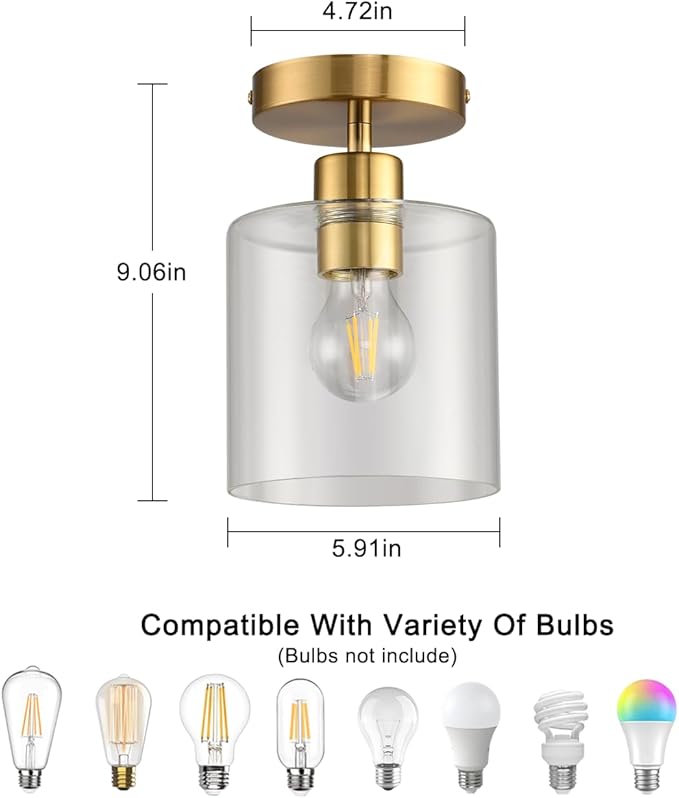 Modern Brass Semi Flush Mount Light Fixture for Entryway & Hallway, Gold Finish