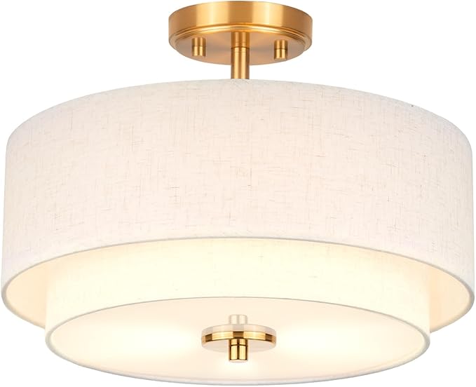 3-Light Semi Flush Mount Ceiling Light, 16" Drum Light with White Fabric Shade, Modern Close to Ceiling Lamp for Living Room Bedroom Dining Kitchen Hallway Entry (Brushed Gold)