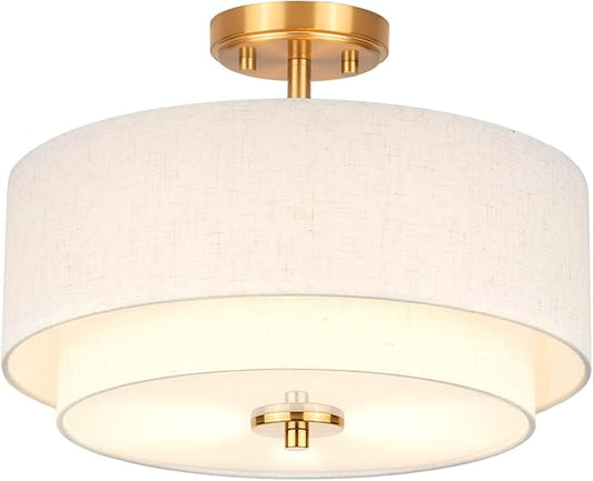 3-Light Semi Flush Mount Ceiling Light, 16" Drum Light with White Fabric Shade, Modern Close to Ceiling Lamp for Living Room Bedroom Dining Kitchen Hallway Entry (Brushed Gold)