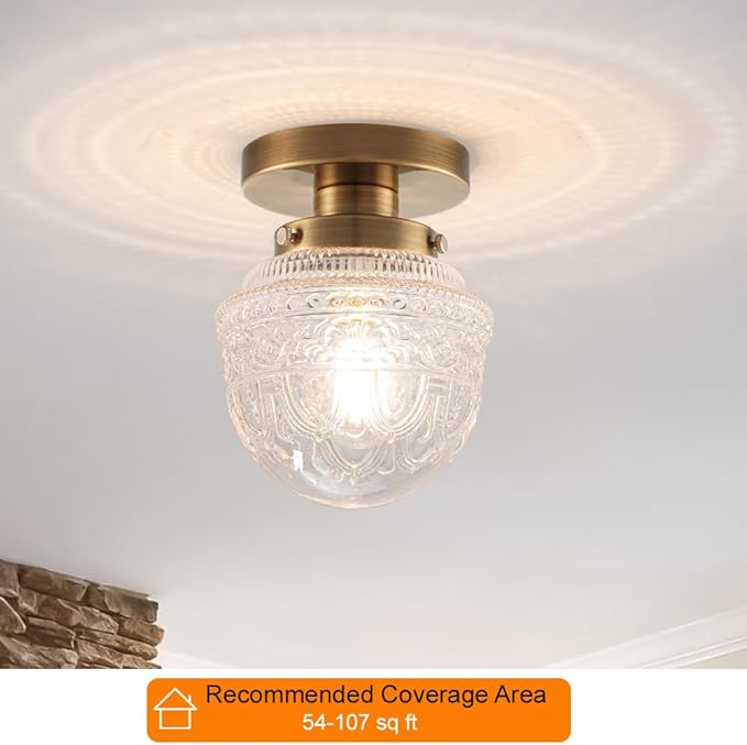 DSMJFU Brass Semi Flush Mount Ceiling Light, Small Hallway Light Fixture, Vintage Close to Ceiling Light Fixture for Bathroom, Entryway, Foyer, Closet