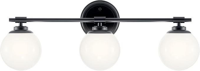 Kichler Benno 3-Light Bathroom Vanity Light Fixture with Opal Glass in Black, Modern Wall Mount Lighting for Bathroom or Powder Room, G9 LED Compatible (8.75 in x 24.5 in), 55172BK