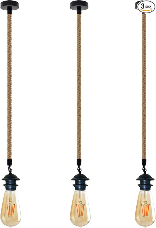LEDSone Farmhouse Vintage Hemp Rope Pendant Light Hemp Rope Adjustable Ceiling Hanging Pendant Light E26 Base Industrial Hemp Rope Retro Pendant Lighting Fixture for Dining Room Kitchen (Pack of 3)