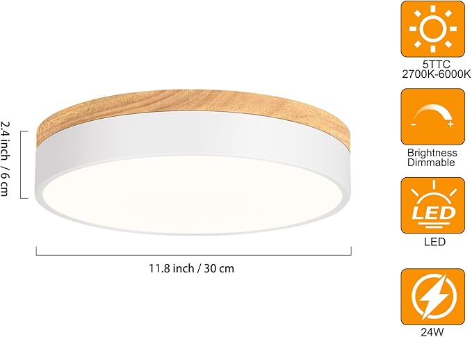 Yiisem Dimmable Wood LED Flush Mount Ceiling Light, 5CCT 2700K-6000K Modern Round Close to Ceiling Lighting Fixtures, Minimalist White Ceiling Lamp for Bedroom, Kitchen, Hallway, Laundry Room