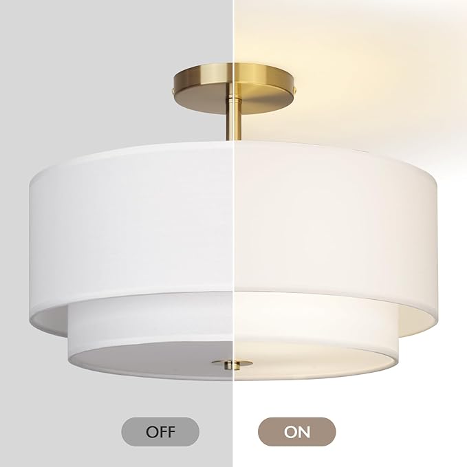16" Dual Drum Gold 3-Light Semi Flush Mount Ceiling Light, Classic White Fabric Linen Shade Design for Living Room, Bedroom, Kitchen, Dining Room, Hallway and Entryway